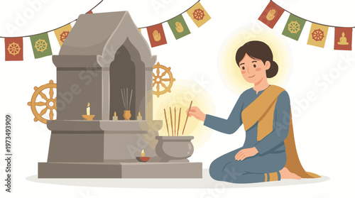 Visakha Bucha Day Serene Woman Lights Incense Sticks Vector