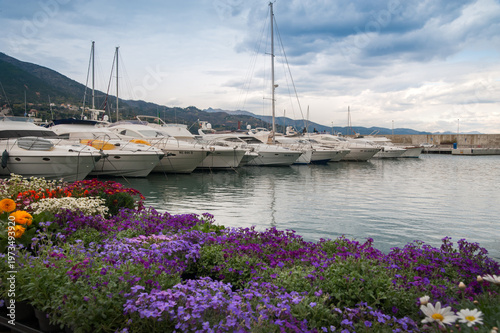 promenade in flowers and port with yachts in Arenzano, Italy