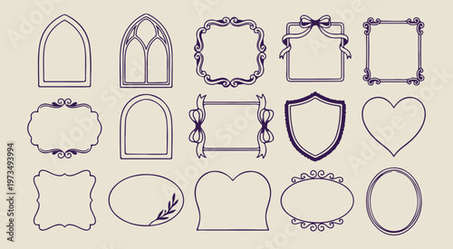 shield crest outline frames, hand drawn heraldic borders, creative classic frame illustrations, decorative sketchy label graphics, organic antique border elements, elegant stationery design symbols, v