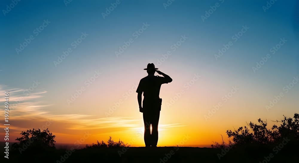Fototapeta premium Silhouette of a person in a hat saluting against a vibrant sunset with warm orange and golden hues, creating a dramatic and inspiring scene of respect and remembrance.