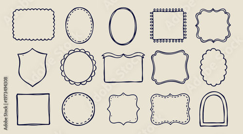 sweet bow scallop frames, hand drawn feminine borders, creative romantic label illustrations, decorative sketchy mirror graphics, organic boutique frame elements, elegant wedding stationery symbols, a