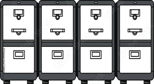 Four black smartphones displaying similar app silhouettes on white screens