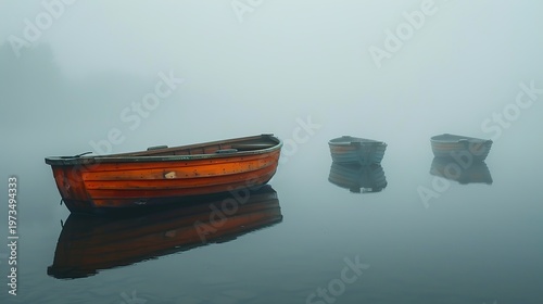 Minimalist Nature Landscape with Boats Floating on a Peaceful Misty Lake