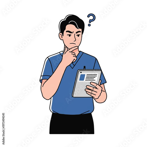 Man thinking with tablet puzzled.