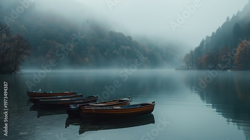 Atmospheric Nature Scenery of Boats Resting on a Still Mist-Covered Lake