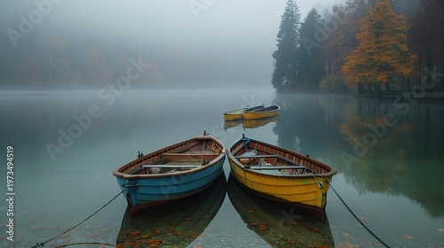 Tranquil Nature Landscape Featuring Boats on a Calm Lake in Morning Mist