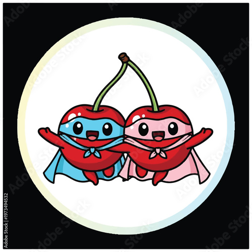 Two cartoon cherries with capes smiling.