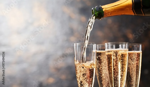 Champagne sparkling wine is being poured into four flutes, capturing the effervescence and celebratory atmosphere.