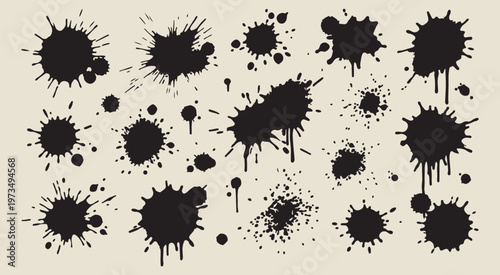 abstract black ink splatters, messy paint splash patterns, creative artistic grunge graphics, hand drawn ink blot elements, decorative liquid spray symbols, edgy street art illustrations, modern textu