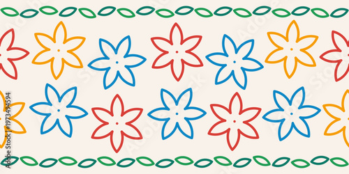 Geometric pattern seamless colorful linear jasmine flowers and linear leaf border stripes on beige background. Design for fabric, Background, Wallpaper, Vector illustration.