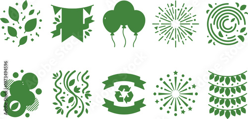 Abstract eco party icons set 10 minimalist symbols white background stylized confetti leaves sustainable banners minimal tree balloons geometric energy sparks.
