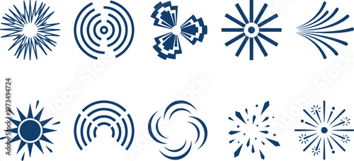 Minimalist energy burst icon pack radiating lines circular arcs vector abstract solar rays design clean white background illustration