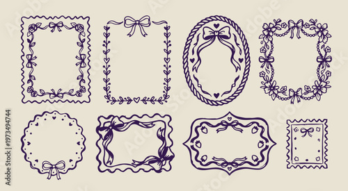 elegant ribbon bow frames, hand drawn decorative borders, creative romantic frame illustration, decorative sketchy label graphics, organic wedding stationery symbols, modern boutique design elements, 