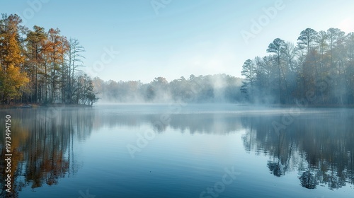 Dreamy Early Morning Landscape Featuring Calm Lake Surface and Floating Mist