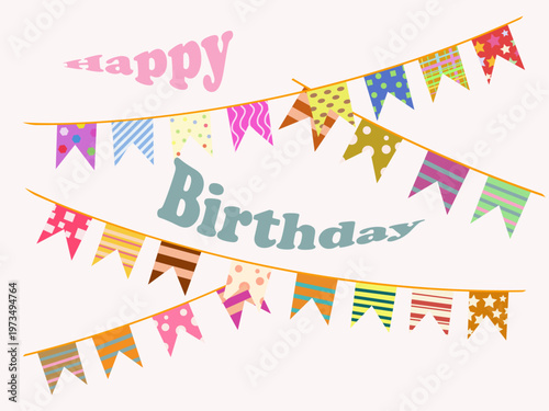 Happy Birthday Vector Banner with Colorful Bunting Flags. Festive vector illustration of a birthday greeting card.Perfect for party invitations, social media posts, and holiday decorations