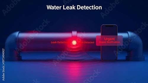 Smart water leak detection sensor on blue pipe sending urgent alert notification to smartphone for rapid repair