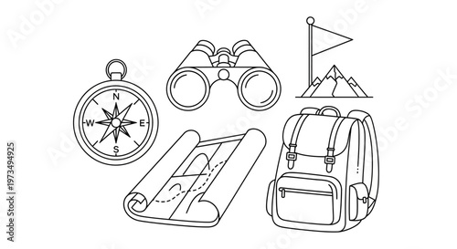 Black and white line art set of travel and exploration equipment including compass binoculars map flag and backpack.