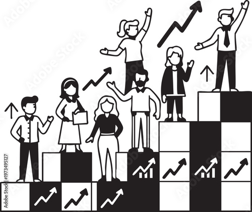Business People Standing on Blocks with Increasing Arrows