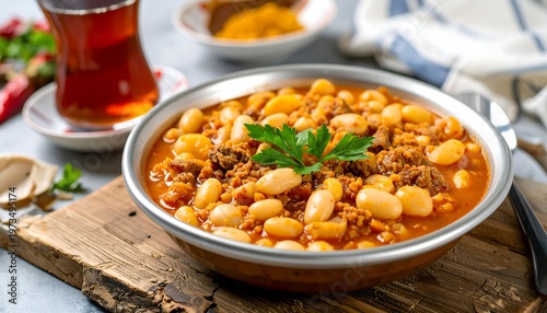 Bean stew in metal bowl w/ garnish, wood tray, tea, and cloth in the background