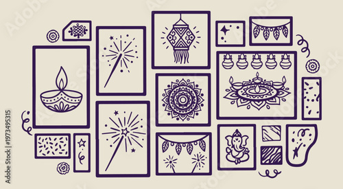 celebration fireworks party decor, hand drawn festive frames, creative event holiday illustration, decorative light ornaments graphics, sketchy diwali celebration symbols, organic anniversary party li