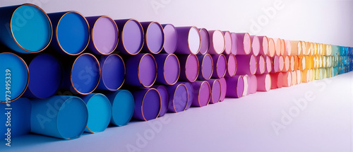 Colorful Rainbow Cylinders Stacked in Abstract Geometric Pattern With Vibrant Gradient Lighting