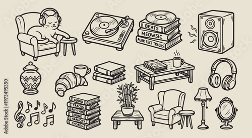 vinyl record music hobby, hand drawn turntable illustration, creative analog sound graphics, decorative retro audio elements, sketchy musical interior symbols, organic vintage hobby line art, classic 