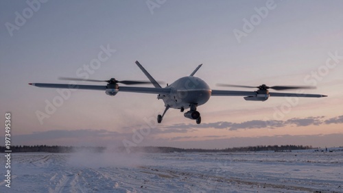 Unmanned aerial vehicle uav taking runway grey color has propellers each cylindrical shape mounted fuselage sp