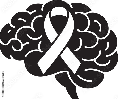 Brain with awareness ribbon symbolizing health and support