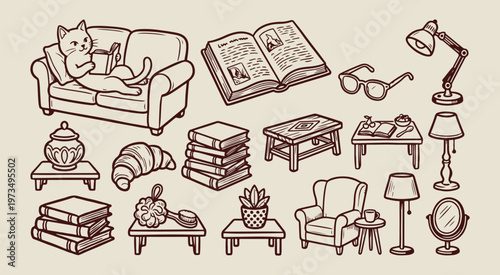 reading hobby library interior, hand drawn book collection, creative literature study illustration, decorative home library graphics, sketchy reading nook symbols, organic educational knowledge line a