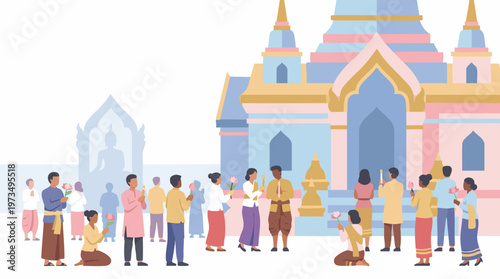 Visakha Bucha Day Illustration with Devotees at a Temple