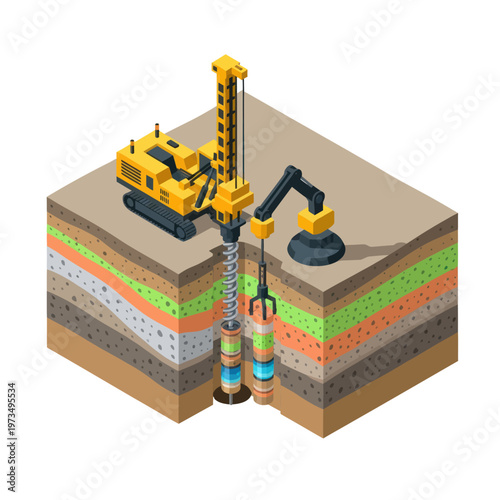 Isometric Illustration of Soil Drilling Rig and Soil Layers.