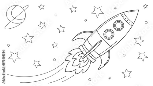 Whimsical rocket ship blasts off into a starry night sky with a distant planet.