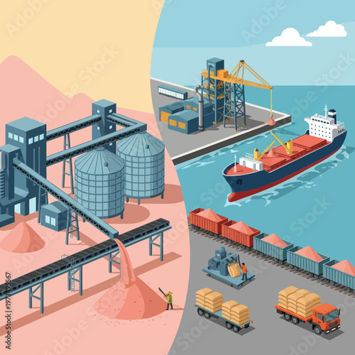 Isometric Illustration of Industrial Port and Mining Facility.
