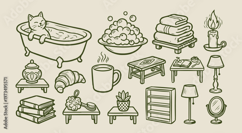 bathroom spa self care, hand drawn relaxing bathtub, creative wellness beauty illustration, decorative skincare products graphics, sketchy bathroom interior symbols, organic morning routine line art, 