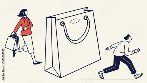 People rushing towards a giant shopping bag, concept of consumerism and sales.