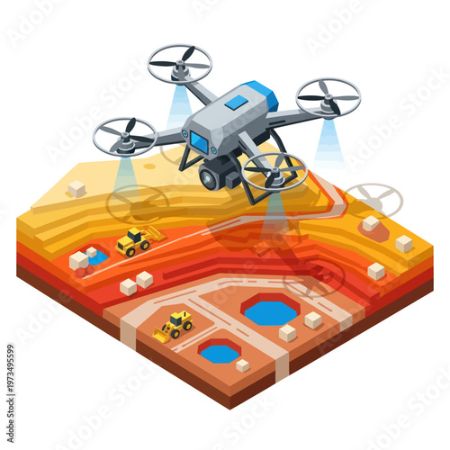 Drone surveying mining site, aerial mapping and data collection.