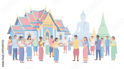Visakha Bucha Illustration of Devotees Offering Flowers at Temple