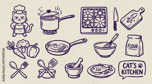 kitchen cooking stove utensils, hand drawn culinary graphics, creative home chef illustration, decorative pots and pans elements, sketchy gas stove symbols, organic food preparation line art, professi