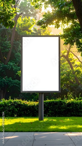 A tall, empty rectangular billboard stands in a lush green park with a concrete walkway. Sunlight filters through trees behind it