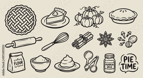 autumn baking pumpkin spices, hand drawn kitchen ingredients, creative fall food illustration, decorative whisk and cinnamon graphics, sketchy thanksgiving dessert elements, organic harvest cooking sy