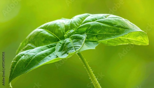 Close-up of a Vibrant Green Basil Leaf Against a Blurred Background.