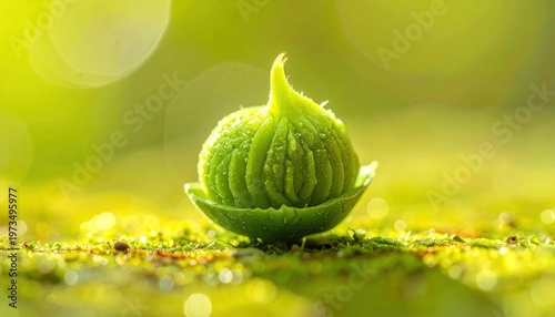 Close-up of a vibrant green fig, showcasing its unique texture and form.