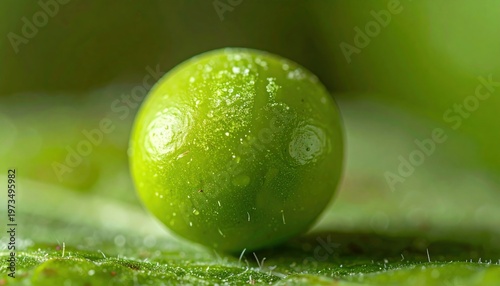 Close-up of a vibrant green insect egg on a leaf.
