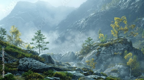Atmospheric Misty Mountain Scenery Featuring Dense Forest and Dramatic Stone Formations