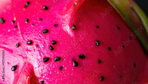 Close-up of a vibrant pink dragon fruit with black seeds.