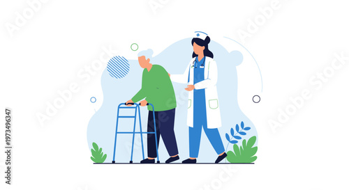 Nurse assisting elderly man with walker, healthcare, support, and recovery concept