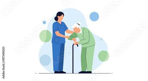 Nurse assisting elderly woman with walking cane, healthcare, support, and care concept