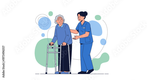 Nurse assisting elderly woman with walker, healthcare, support, and caregiving concept