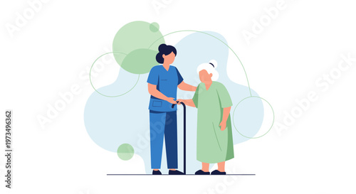 Nurse assisting elderly woman with walking cane, healthcare, support, and care concept