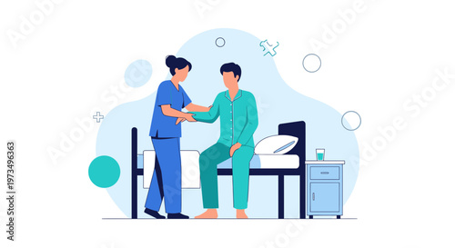 Nurse Assisting Patient Sitting On Hospital Bed, Healthcare Support And Care Concept